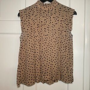 Ganni Pintuck Ruffle Swing Top Size 40/Size 8 Tan w Black Polka Dots Sleeveless